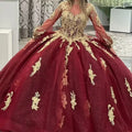 Birthday Dance Gold Party Sweet 16 Dress Vestido De 15 Ball Gown Prom Evening Long Sleeve Burgundy Quinceanera Dresses MQ659