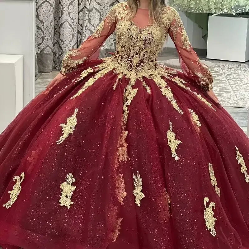 Birthday Dance Gold Party Sweet 16 Dress Vestido De 15 Ball Gown Prom Evening Long Sleeve Burgundy Quinceanera Dresses MQ659