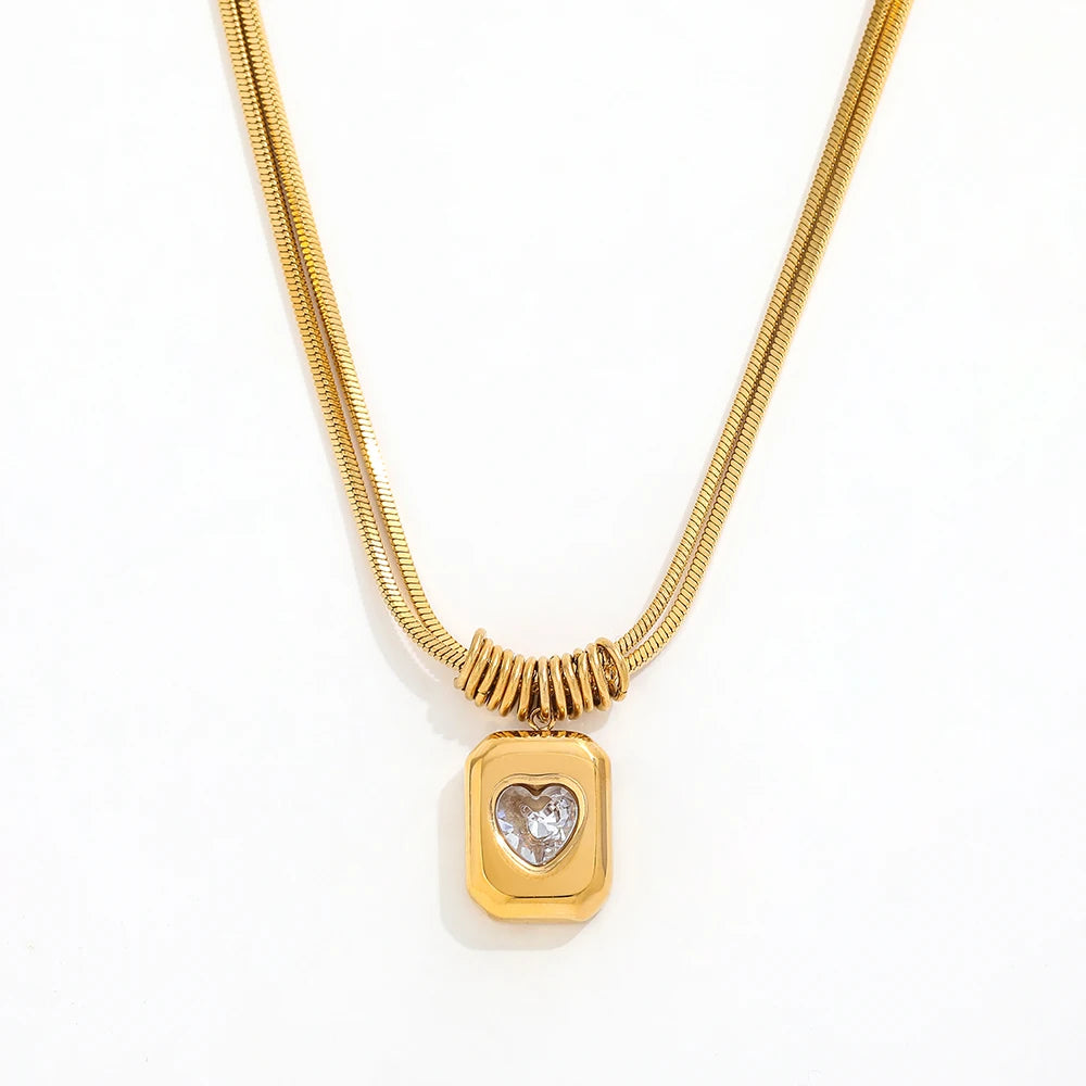 Joolim Jewelry Gold Plated Waterproof Tarnish Free Double-layer Heart Rectangle Pendant Necklace Stainless Steel Fashion Jewelry