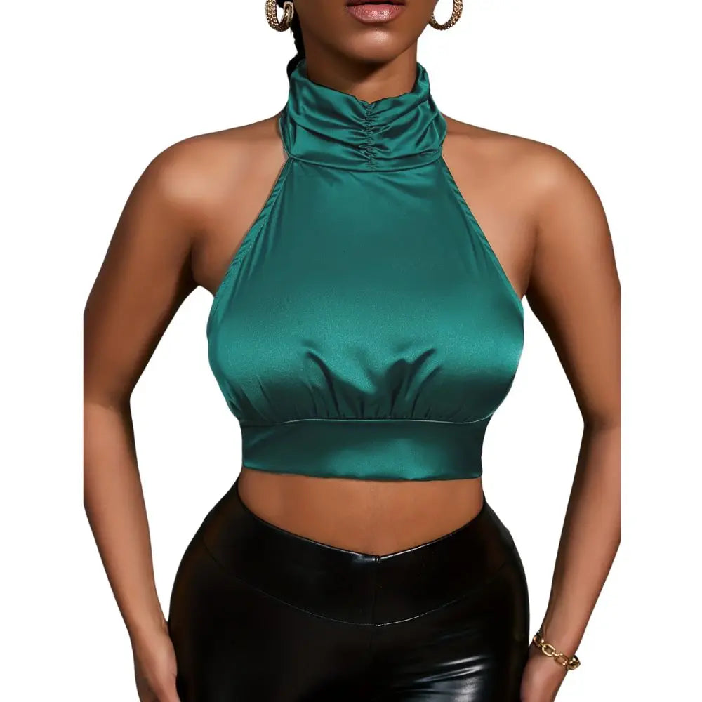 Sexy Backless Camis Satin Halter Neck Slim Club Crop Top Women Outfits Summer Clothing Casual Sleeveless Mock Neck Crop Tops
