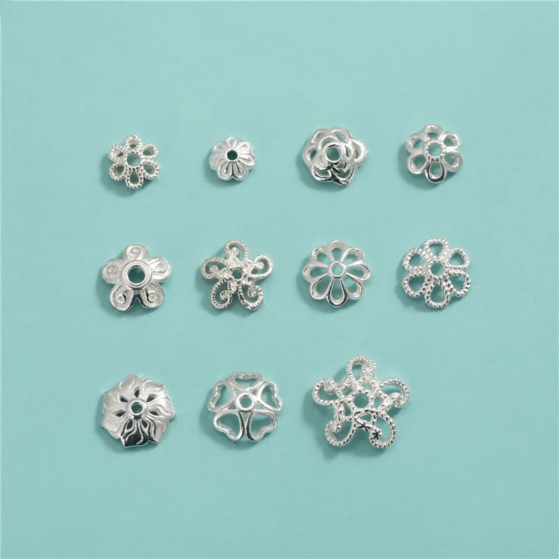 925 Sterling Silver Charms Hollow Open Filigree Flower End Beads Clap Jewelry Making for Diy Handicrafts Accessories
