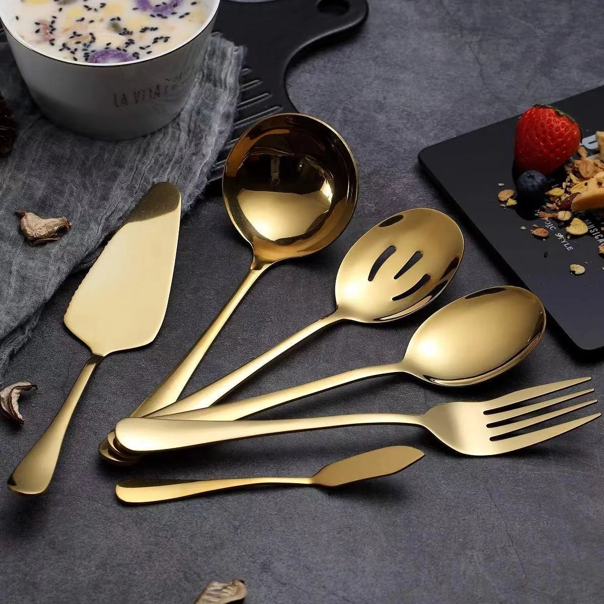 Gold Serving Spoon Set 6 Pieces Juego De Cubiertos Hotel Stainless Steel Serving Utensil Set