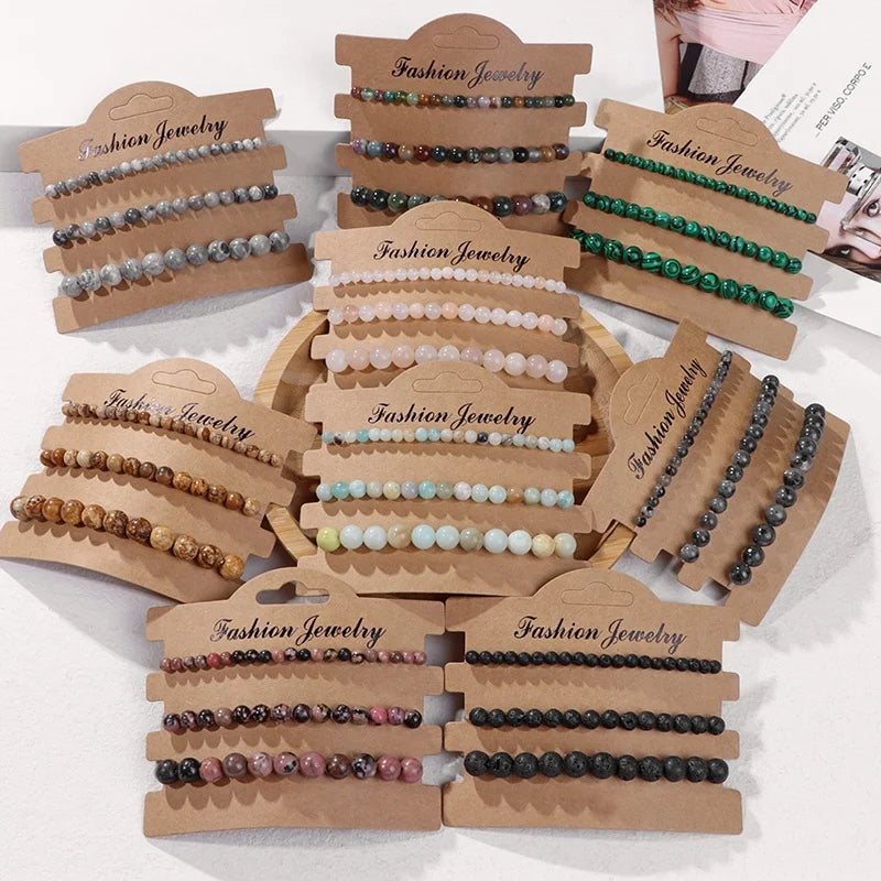 3pcs Stone Bracelet Set 4 6 8 mm Round Gemstone Jewelry Healing Crystal Quartz Stone Beaded Bracelet Set With Jewelry Card