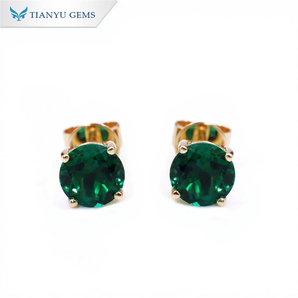 Tianyu Gems Custom 14k Yellow Gold Earring Stud Screw Back 6.5mm 1ct Lab Grown Zambian Emerald Earrings