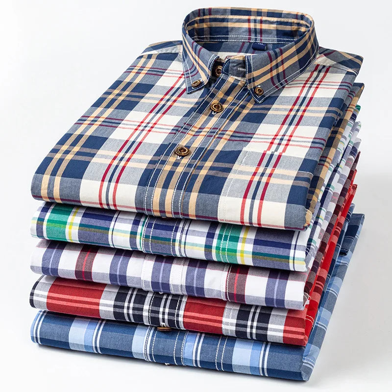 Spring and Summer Pure Cotton Plaid Shirt for Men Wholesale Cotton Large Men's Shirts Men's Carbon Brushed Plaid Shirt