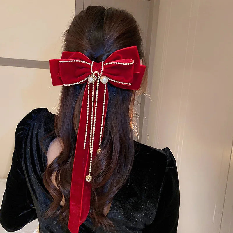 Large Bow Hair Clip Long Ribbon Hair Bows Rhinestone Tassel Hair Clip French Design Barrettes Fashion Styling Accessories