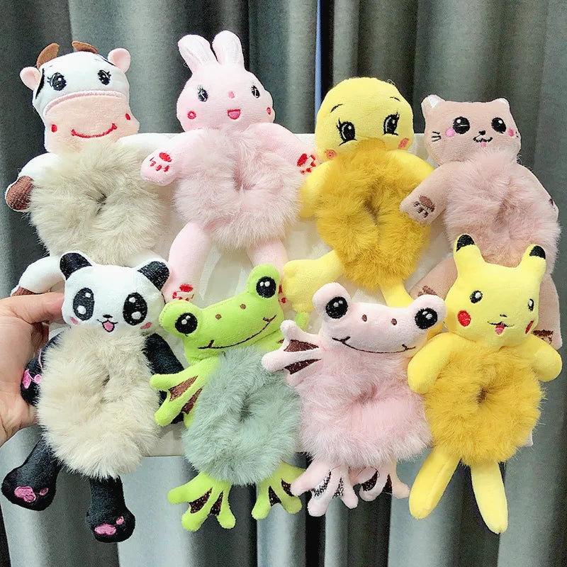 Plush Animal Scrunchie Set Elastic Hair Tie Ponytail Rubber Band Accessories Kawaii Stuffed Cartoon Frog Cat Hair Rope Girl