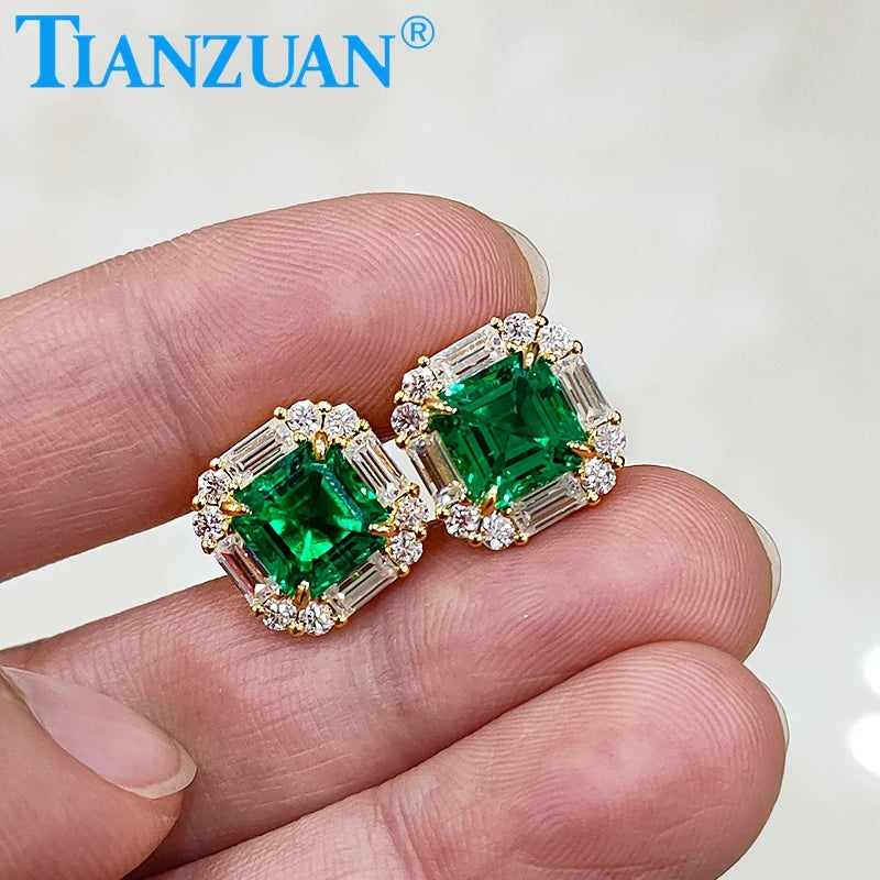 S925 Silver 18k Yellow Gold Plated Emerald 7*7mm Asscher Lab Emerald Moissanite Studs Earring Screw Back Jewelry Wedding
