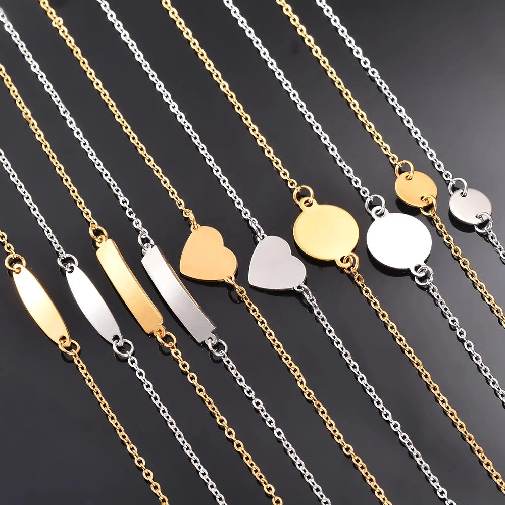 Factory Customized Stainless Steel 18k Gold Plated Charm Chain Bracelet Personalized logo Date bar Round Disc Heart Bracelet