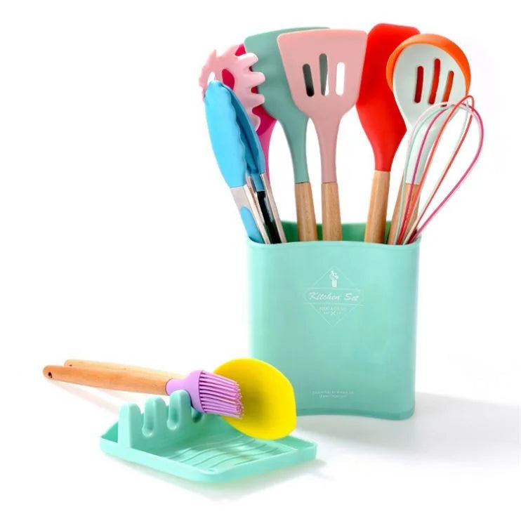 Wholesale New Design Smart Heat Resistance Colored Nylon Silicone Kitchen Cooking Tools Utensils Set with Stand