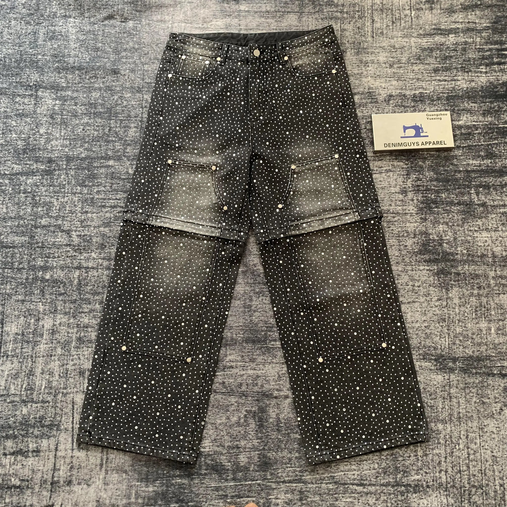 DENIMGUYS Custom Men's Vintage Washed Full Rhinestone Detachable Zip Off Jeans Baggy Straight Denim Pants for Men