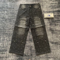 DENIMGUYS Custom Men's Vintage Washed Full Rhinestone Detachable Zip Off Jeans Baggy Straight Denim Pants for Men