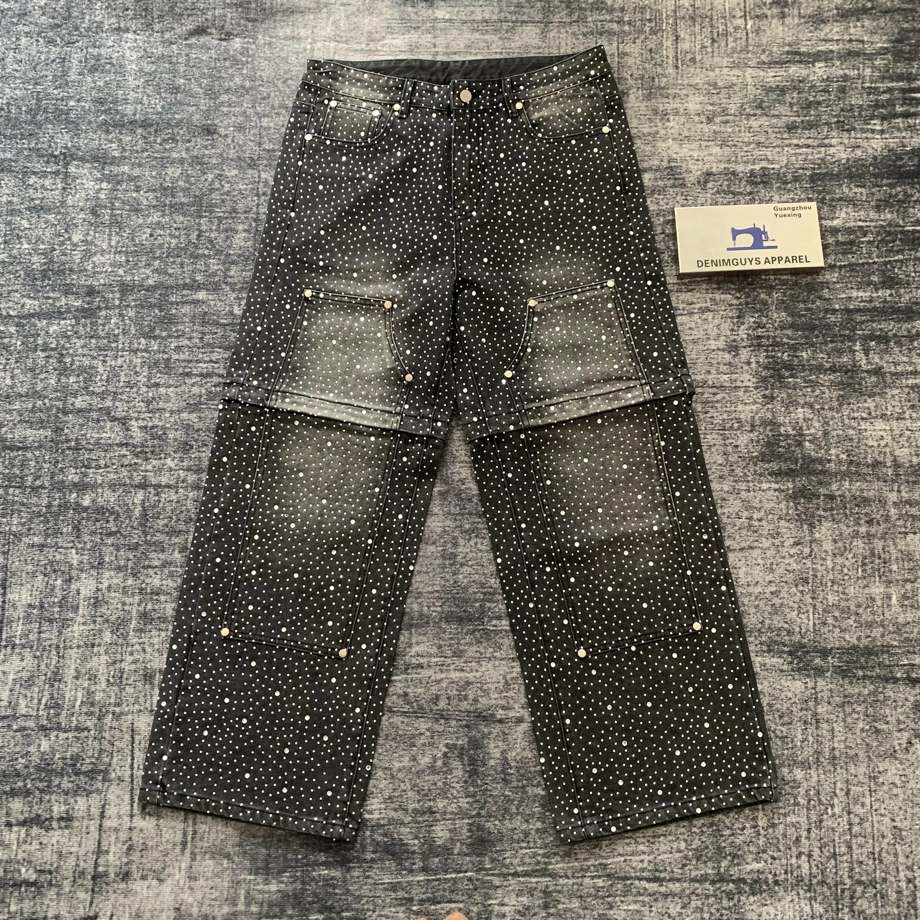 DENIMGUYS Custom Men's Vintage Washed Full Rhinestone Detachable Zip Off Jeans Baggy Straight Denim Pants for Men