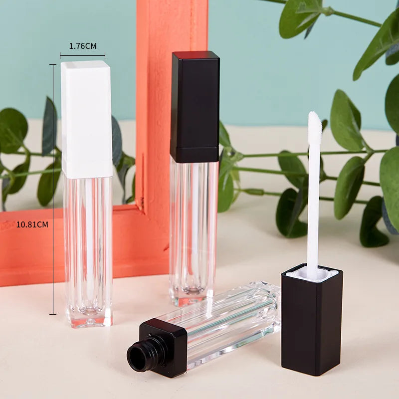 Wholesale Empty Lip Cosmetic Packaging Tube 7ml Square White Lip Gloss Tube Black Lip Gloss Container With Wand