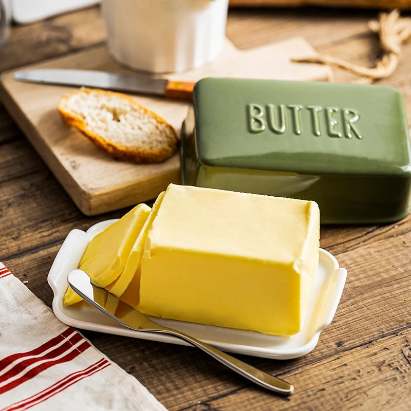 Rectangular Bright Color Ceramic Snack Dessert Butter Dish With Cover Cheese Butter Keeper Storage Box