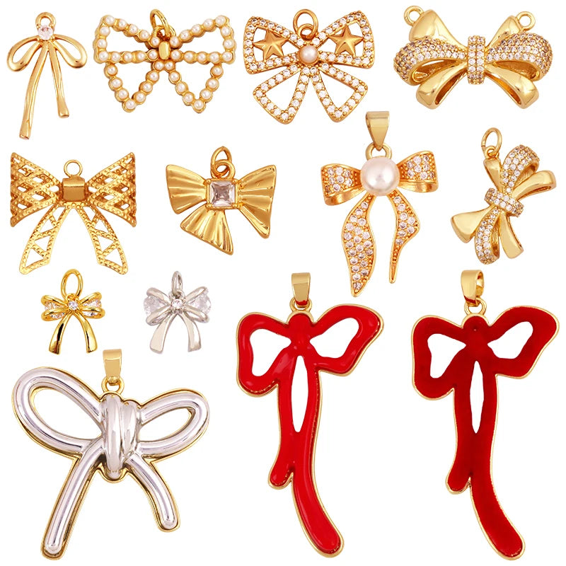 Fashion Bowknot Zircon Pearl Charm Pendant18K Gold Plated Necklace Bracelet DIY Handmade Jewelry Making Accessories Supply K78