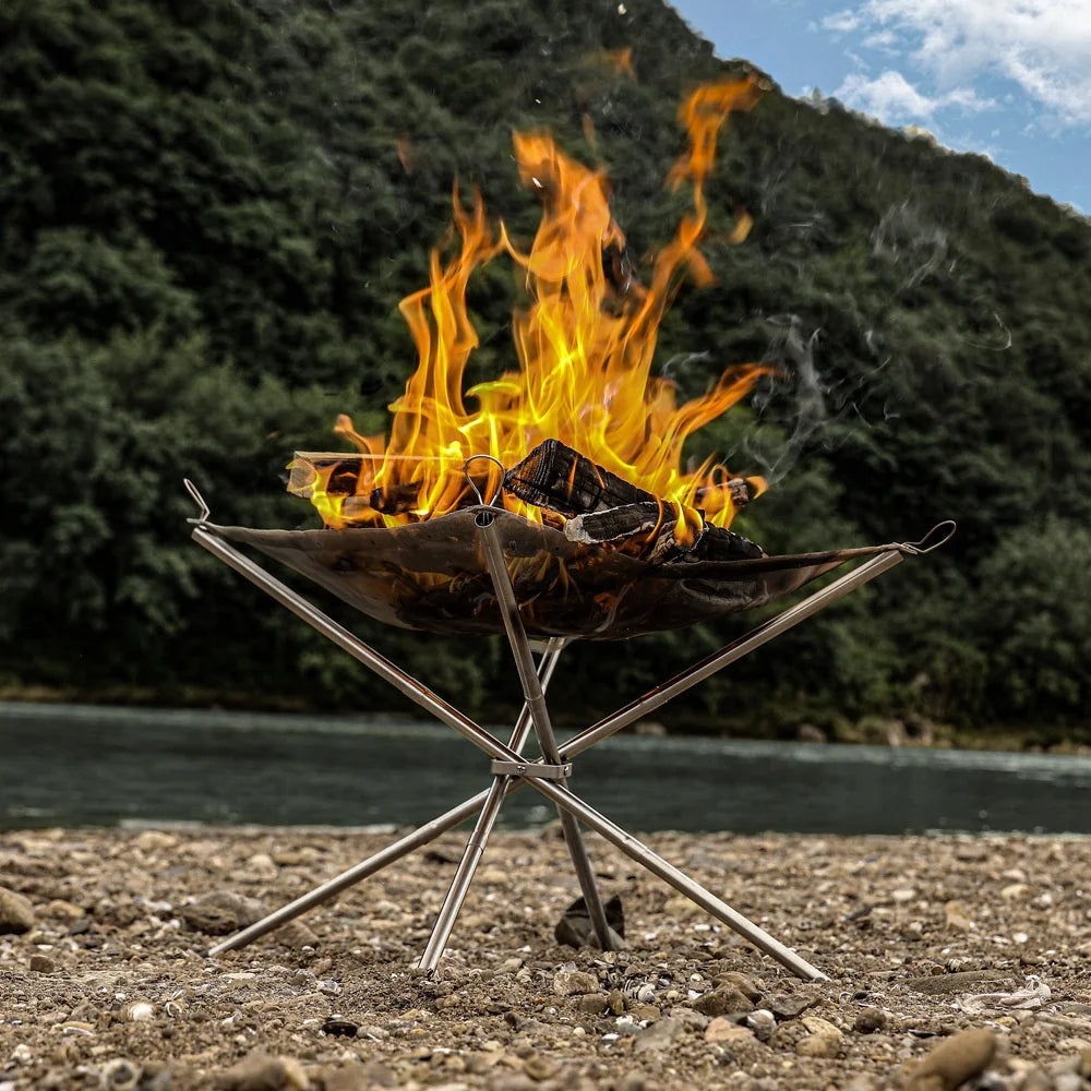 IRONDONKEY Camping Grills Firewood Stove Support Wooden Fire Support Folding Stainless Steel Outdoor Cooking Camp