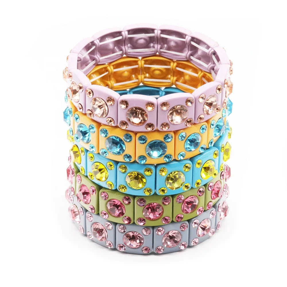 Zinc Alloy Bohemian Style Stackable Rectangle Square Beaded Bracelet Matte Painted Rainbow Enamel Stretch Tile for Anniversary