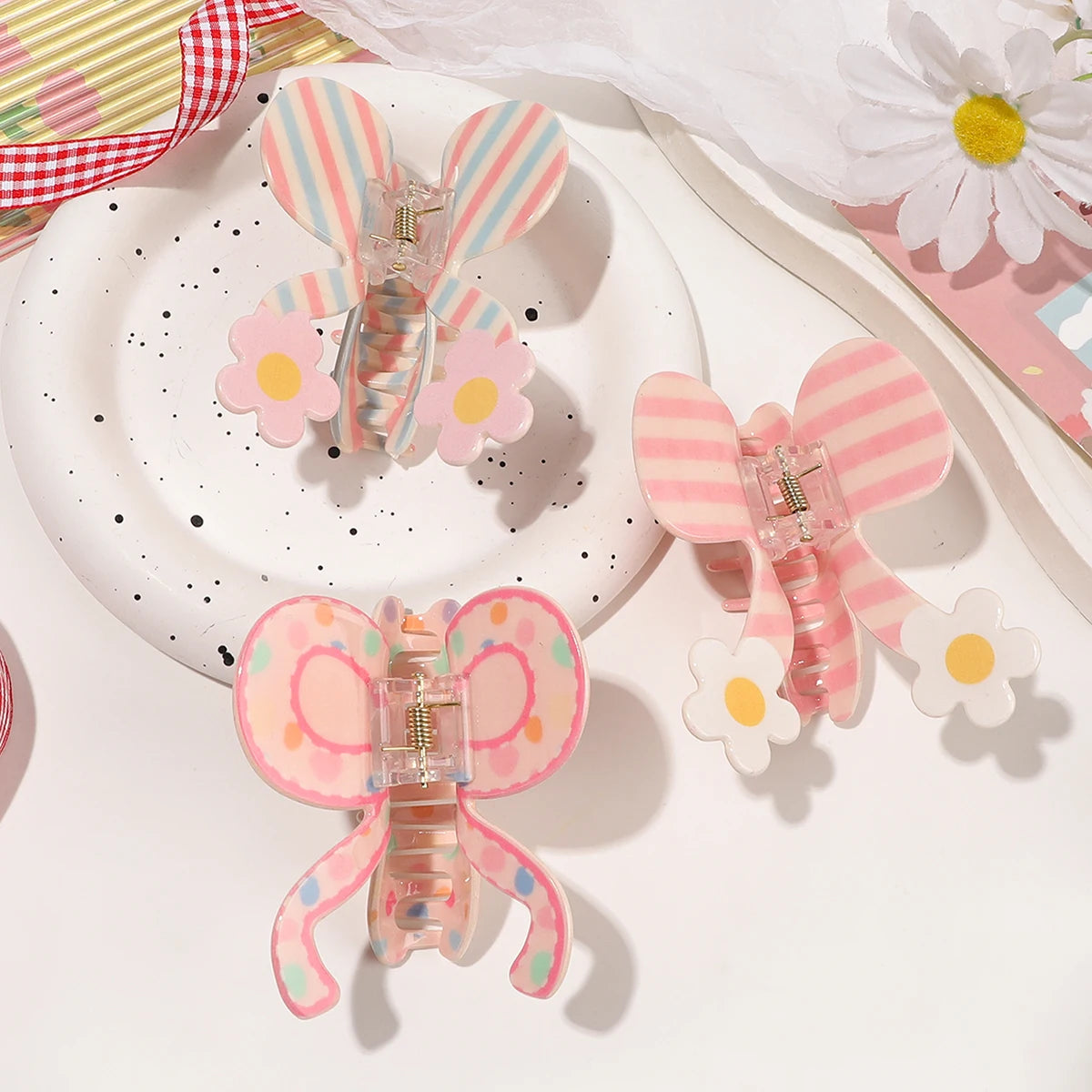 Spring Sweet Pink Spot Flower Bowknot Hair Claw Clip for Women Butterfly Hairpin Ponytail Stripe Bow Hair Accessories Headwear