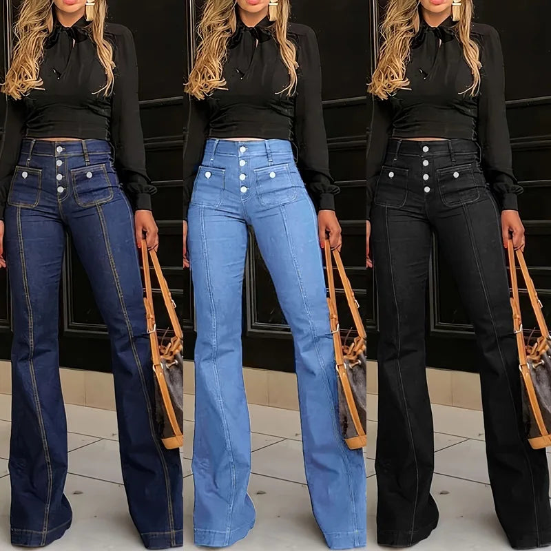 2025 Spring  Women's High Waist Jeans Elegant Slim Flare Pants Breasted Mid Denim Stock