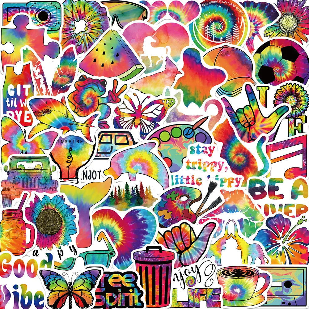 50pcs Fashional Cool Random Colorful rainbow Aesthetic Art Cartoon Tie Dye Sticker