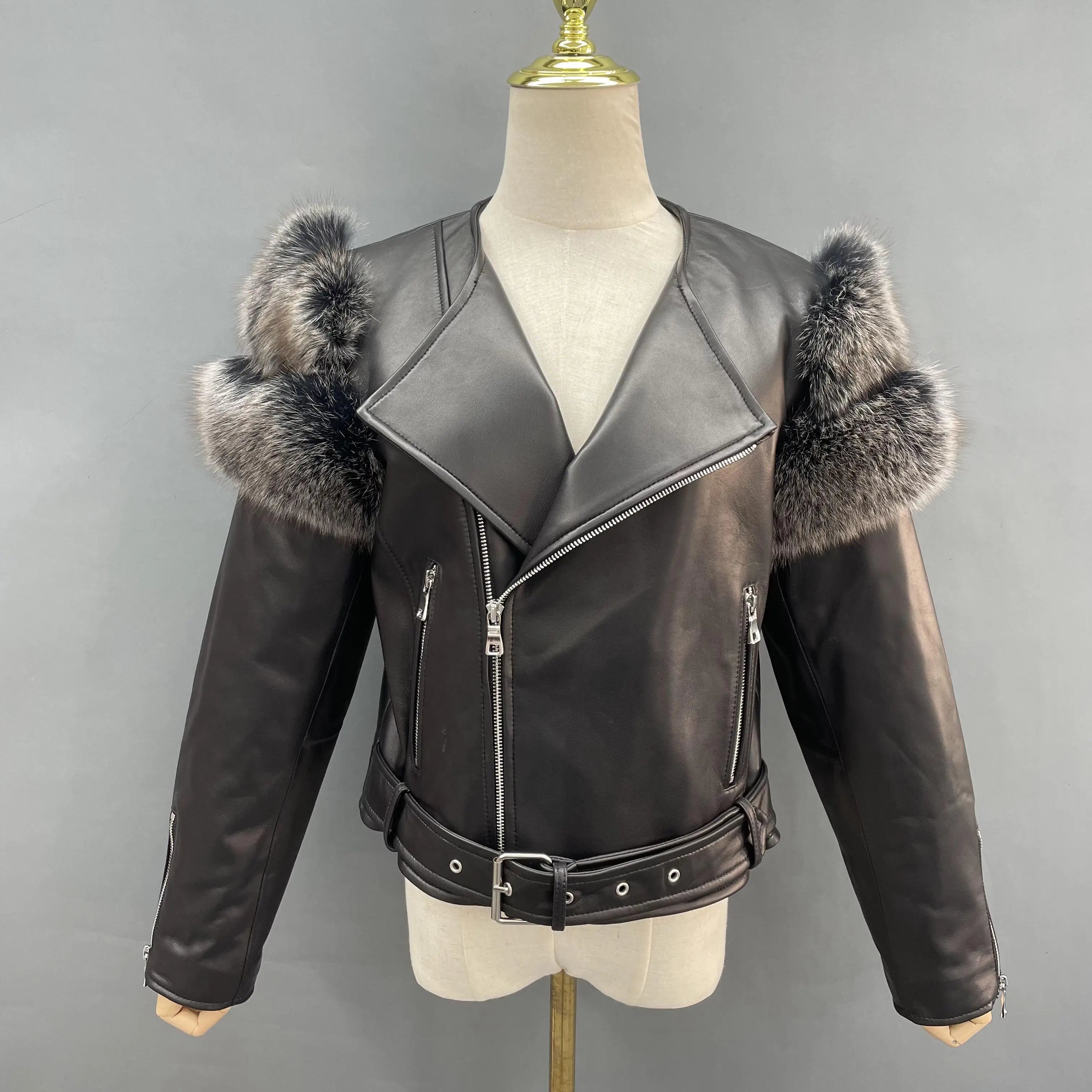 Custom Leather Jacket Wholesale Fox Fur Coats Spring Autumn Leather Jacket