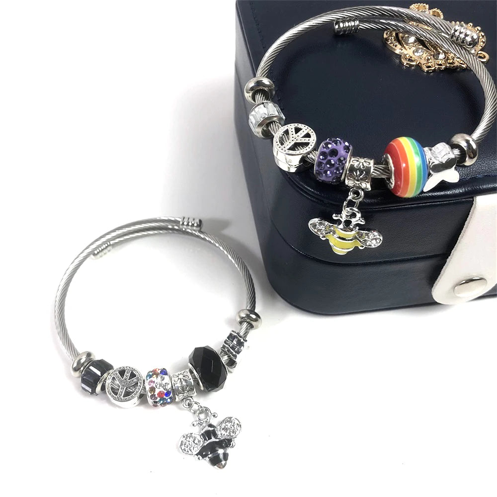 Bee Charms Women Stainless Steel Beads Crystal Fashion New Design Charm Bracelet