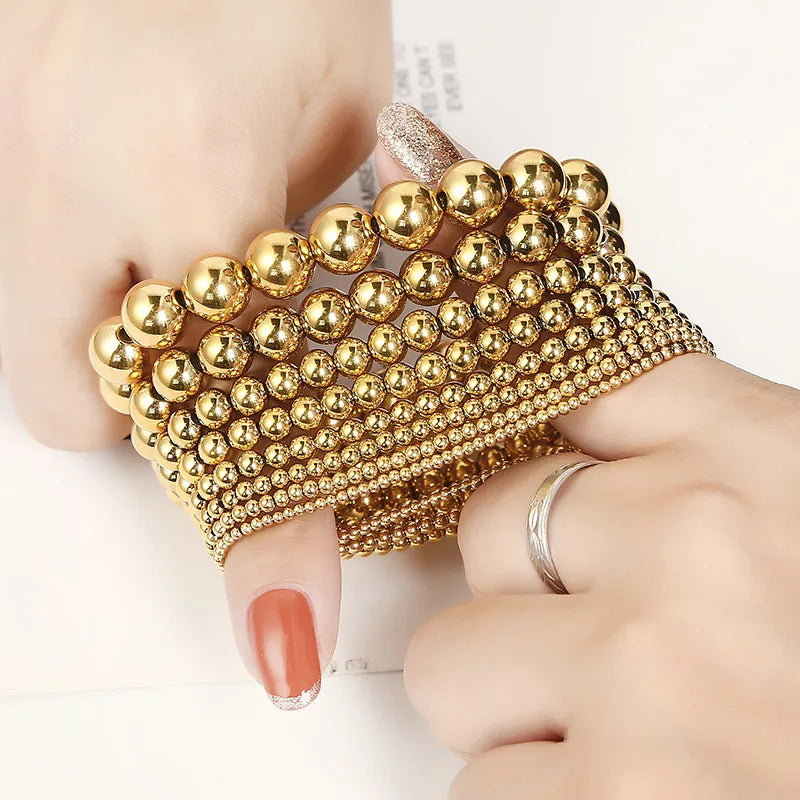 Wholesale Custom Elastic Charms Designer Couple 18k Gold Plated Metal Stainless Steel Beaded Bracelet