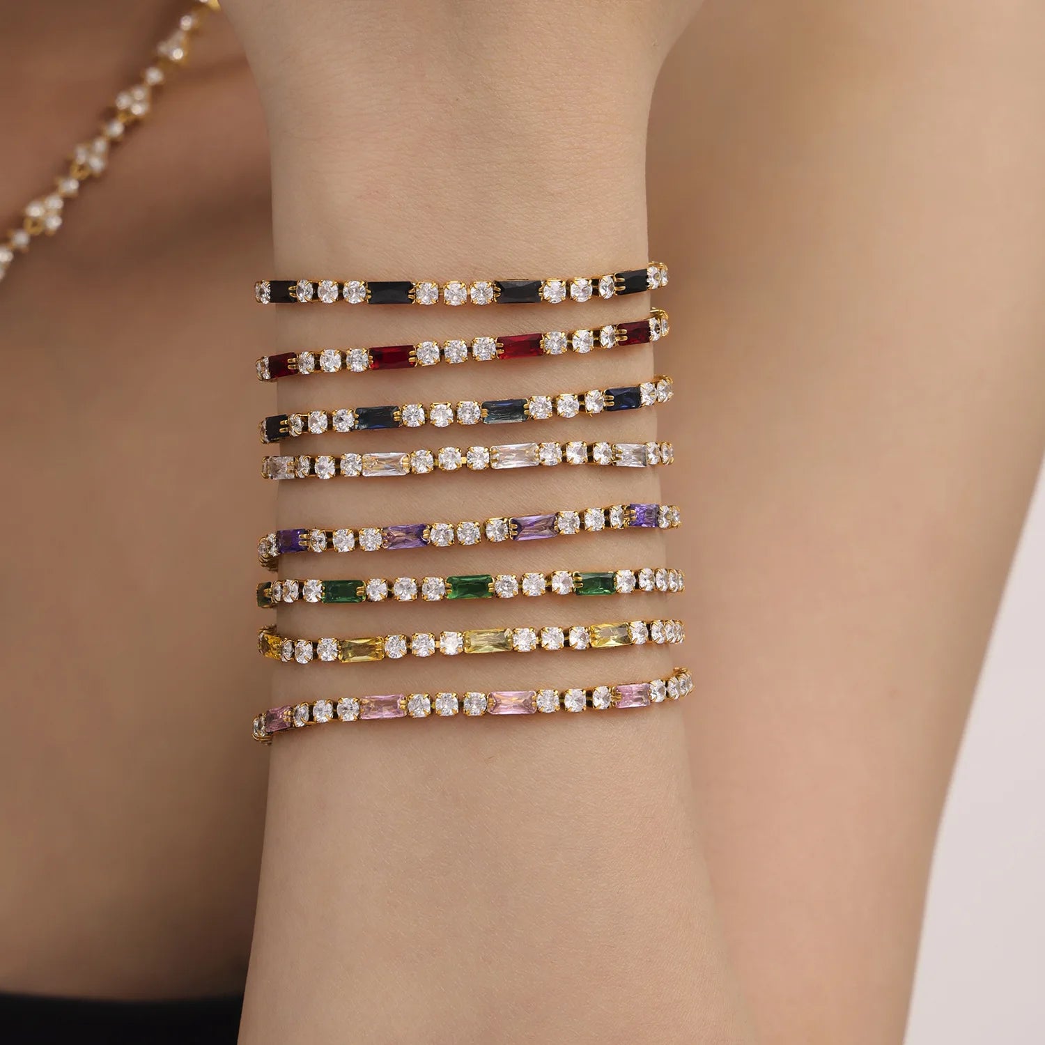 Waterproof Tarnish Luxury Stainless Steel Square Multicolour Zircon Bracelet for Women