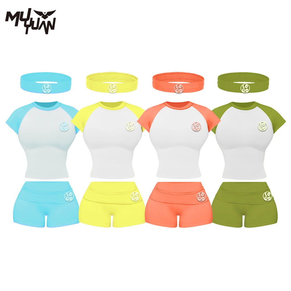 Custom Loungewear logo Lounge Wear Women Sets with Headband Cotton Raglan Sleeve Foldover Waist 2 Piece Shorts Set Clothing