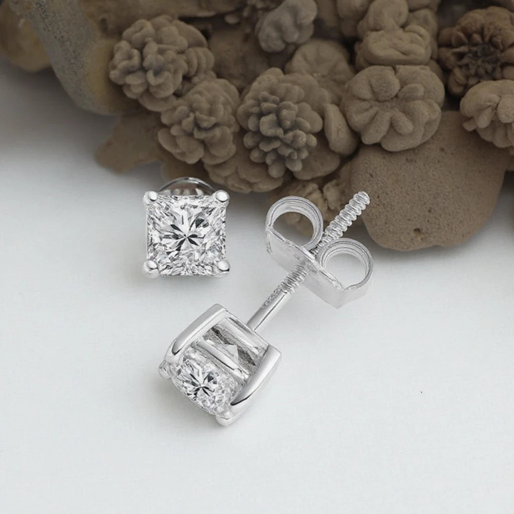 Princess Brilliant Cut Cz Moissanite Diamond Stud Screw Backs 14k White Gold Wedding Earrings