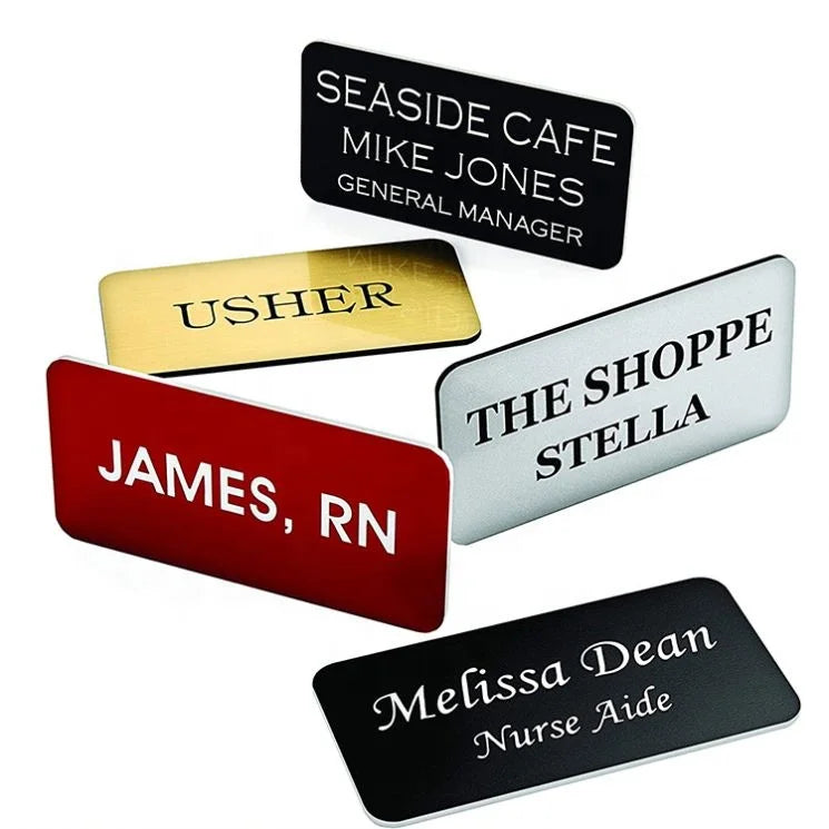 Stainless Steel Custom Metal Personalized Engraved Name Tag Badges Pin/Magnetic Backing Customized Color Logo for Promotional