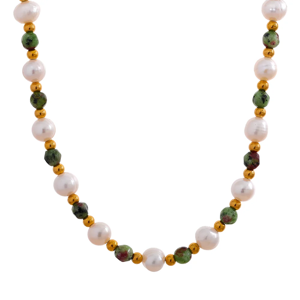 JINYOU 1172 Natural Epidote Stone Freshwater Pearls Handmade Stainless Steel Beads Collar Necklace Women's Charm Healing Jewelry