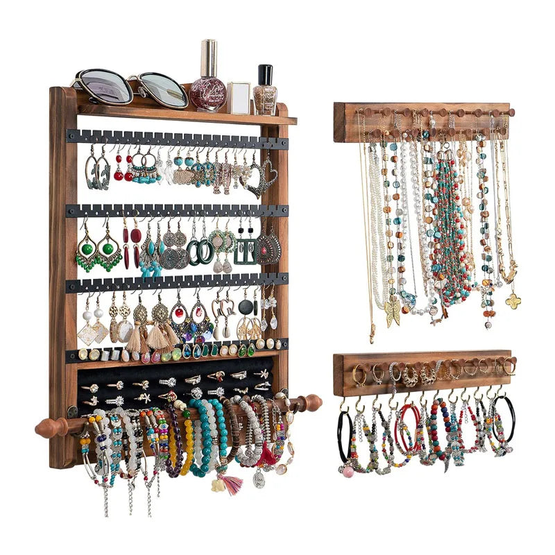 Wall Mounted Wall Jewelry Organizer Set of 3 Wood Hanging Organizer Rustic Jewelry Hanger for Jewelry Storage Display Gift