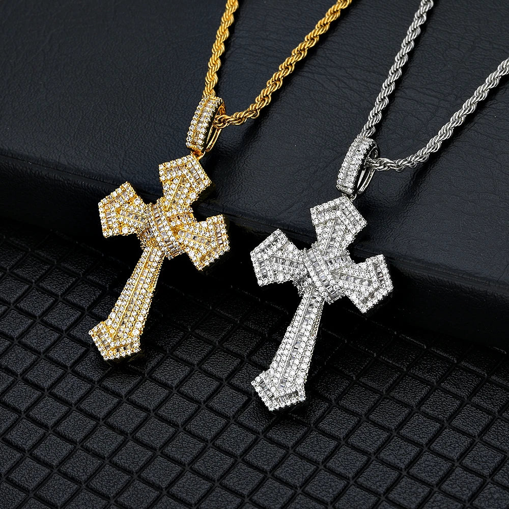 Fashion Jewelry Iced Out Cross Pendant Bling Baguette CZ Stone Gold Silver Plated Jesus Cross Pendant MegaBDM
