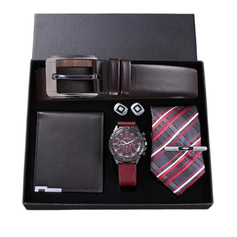 Leisure Trend Versatile Quartz Watch+belt+wallet+cuffs+tie (5pcs/set) Wholesale Man Watch Gift Set