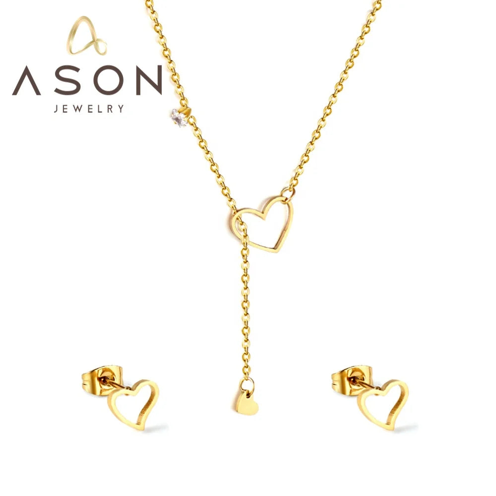 Ason Jewelry 18K Gold Plated Necklace and Stud Earrings Set Stainless Steel Heart Shape Hollow Zircon Jewelry Set