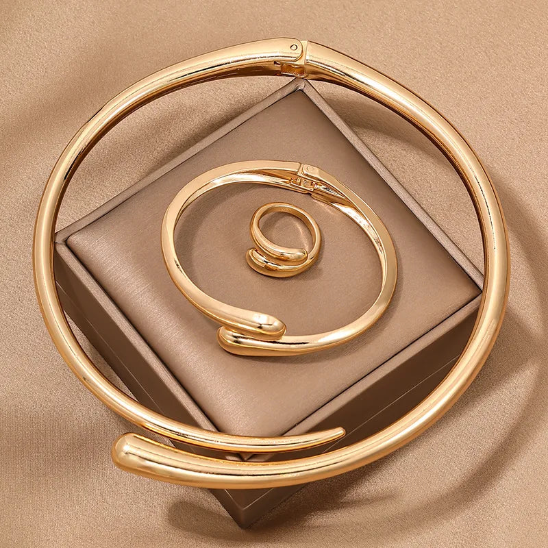 Vintage Punk Hip Hop Choker Torques Necklaces Bangles Rings Set for Women Men Geometric Smooth Metal TearDrop Jewelry Set