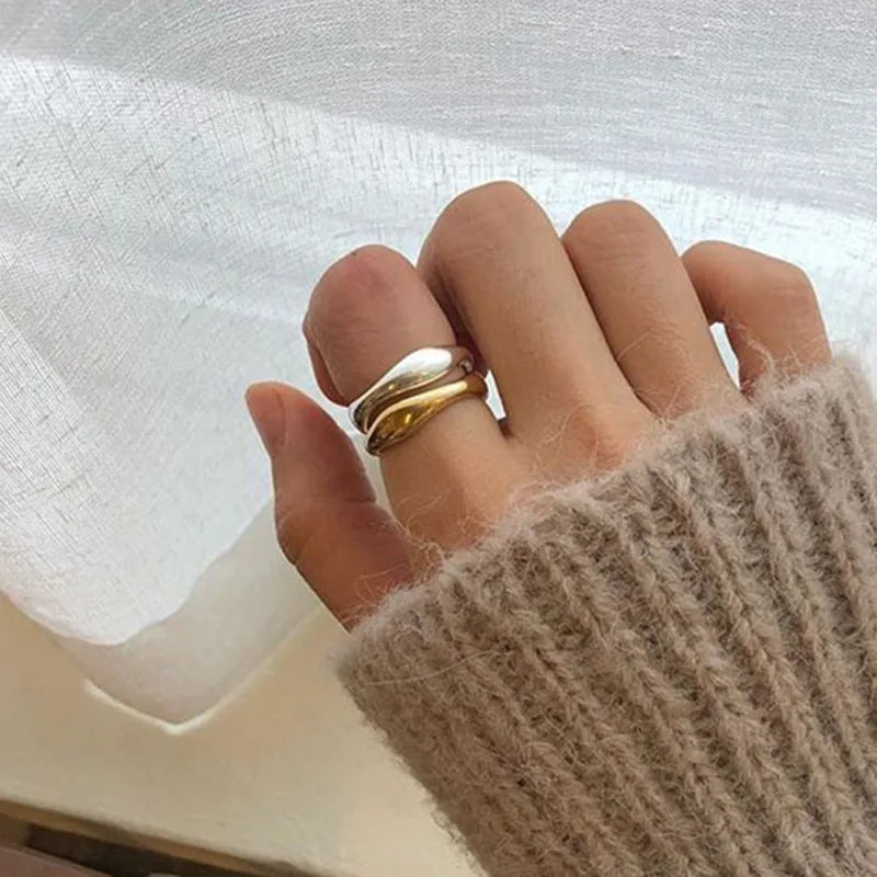 Fashion Simple Gold and Silver Irregular Shaped Wave Droplet Ring Women Stainless Steel Ring