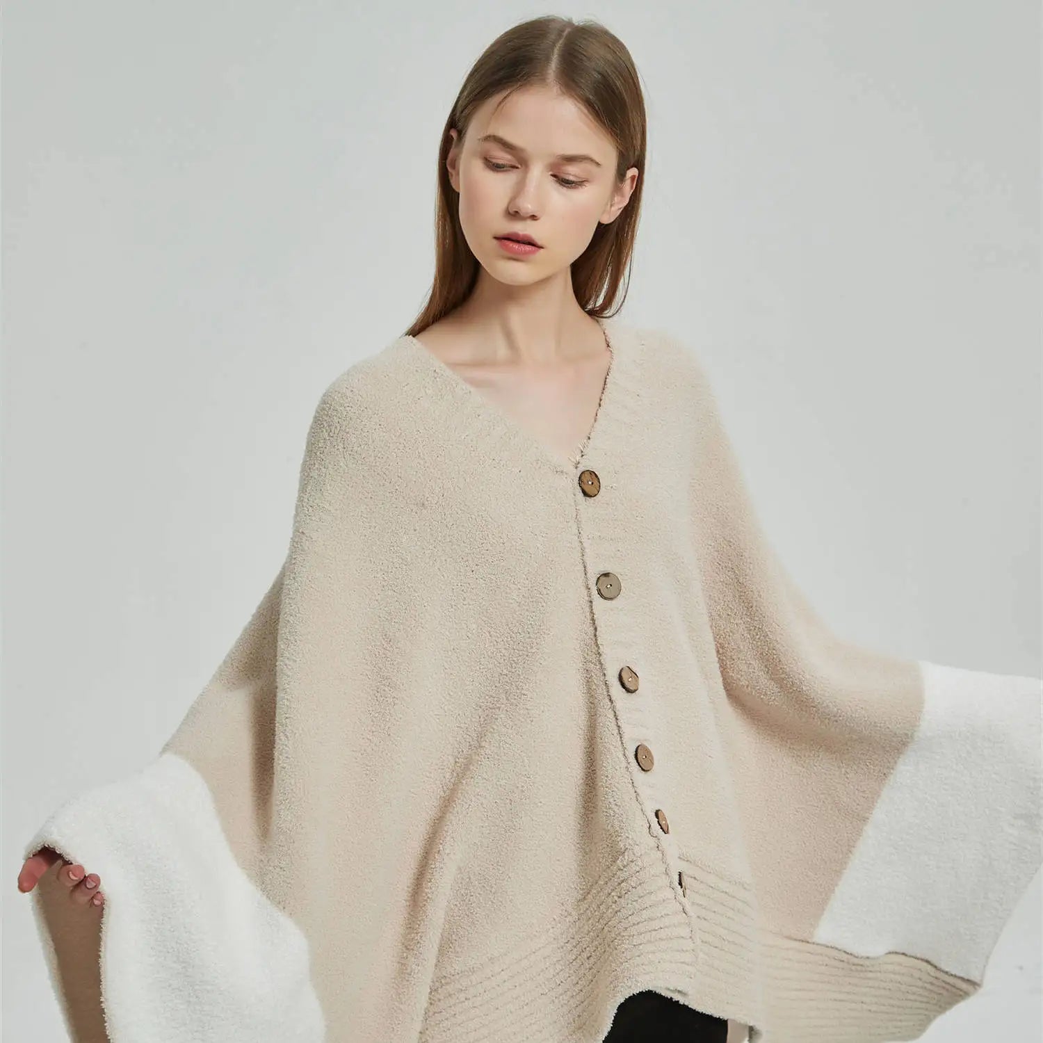 RNS Soft Hot Sale Microfiber Button Knitted Women Poncho Shawl Cape Fleece Blanket