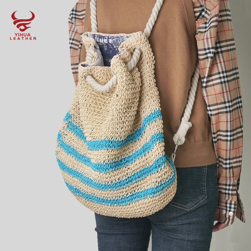 Women Tote Shoulder Handbag Paper Straw Backpack With Cotton String Trim Bag MegaBDM
