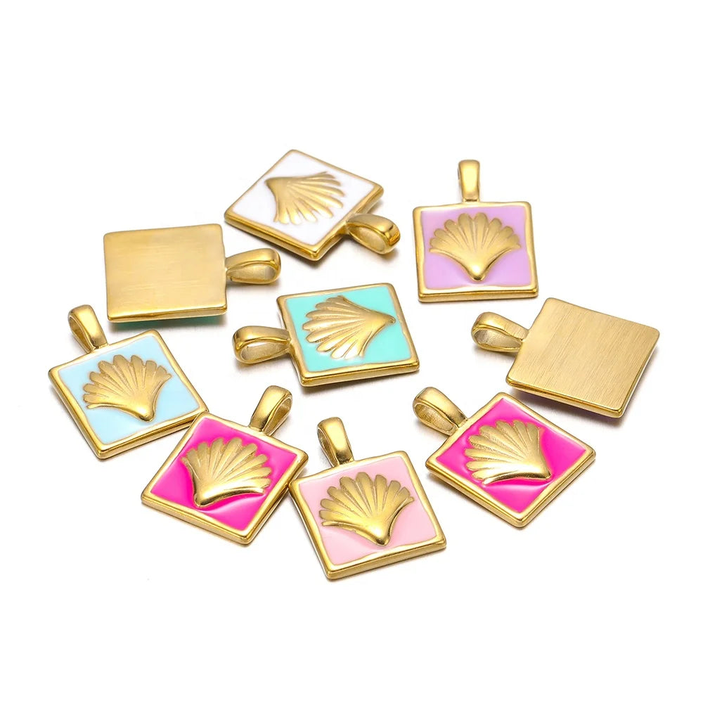 New Product Shell Dripping Oil Pendant Stainless Steel Square Charm Diy Jewelry Colorful Necklace Bracelet Accessories