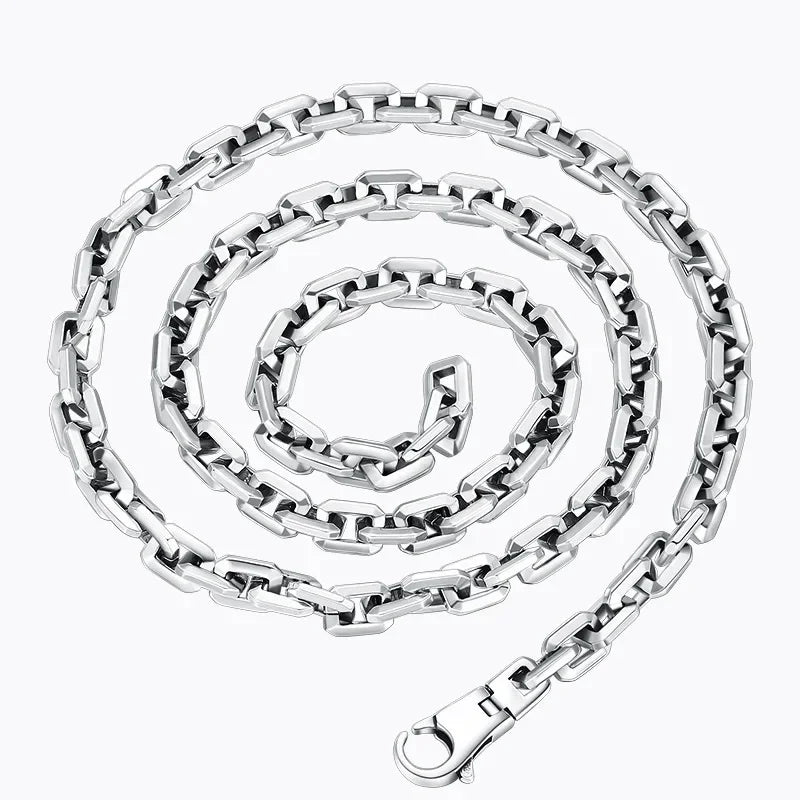 100% Real Solid S925 Pure Silver Circle Lattice Retro Box 7MM Link Chain Necklace Thai Silver Men's Necklace