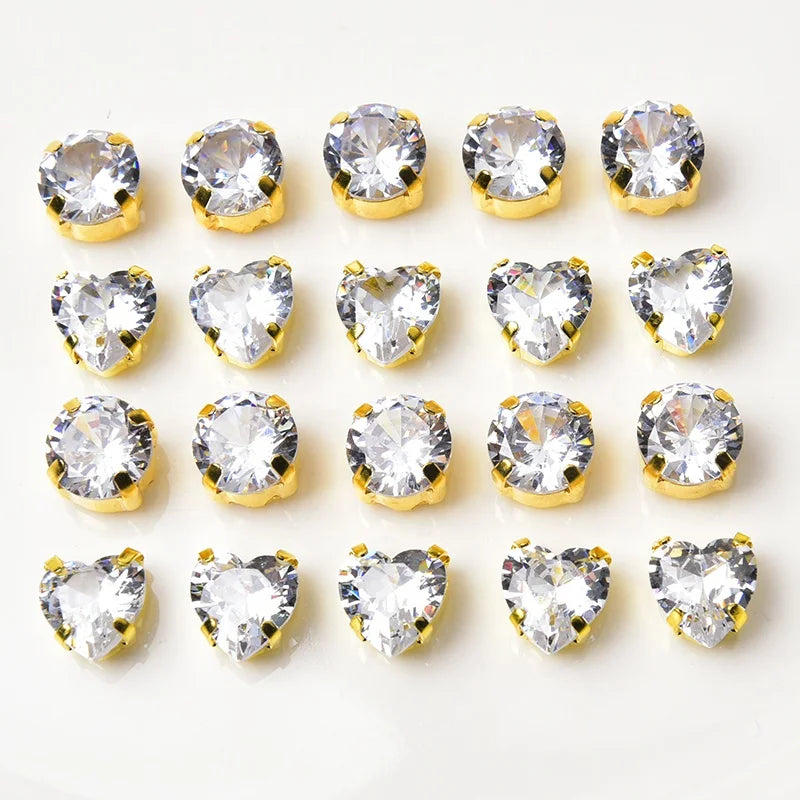 8mm Heart Round Shape Clear Zircon Crystal With Gold Claw Sew on Rhinestone for Clothes Bags Shoes