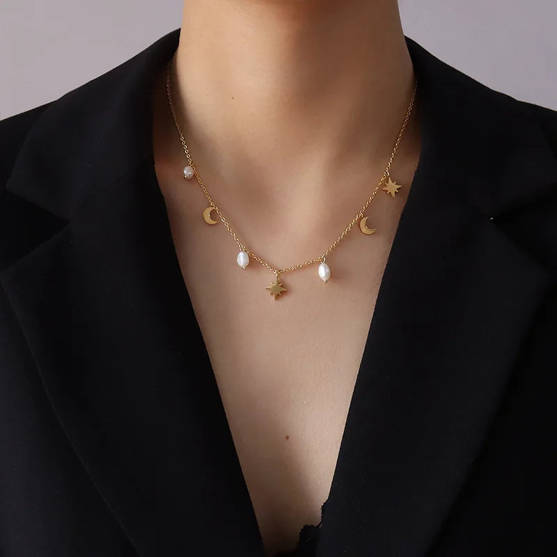 Wholesale Irregular Pearl Small Moon Star Pendant Jewelry Stainless Steel Thin Chain Choker Necklace for Women