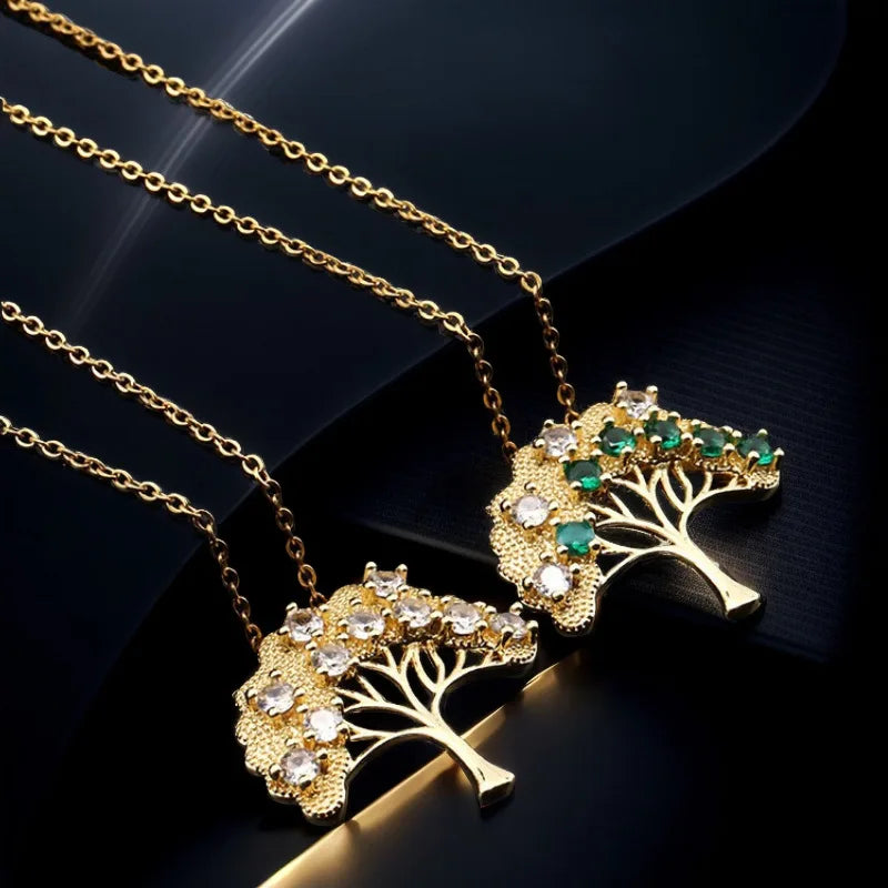 European American Simple Titanium Steel Color Zircon Tree Life High Sense Necklace Pendant Clavicle Chain Stainless Steel Pearl