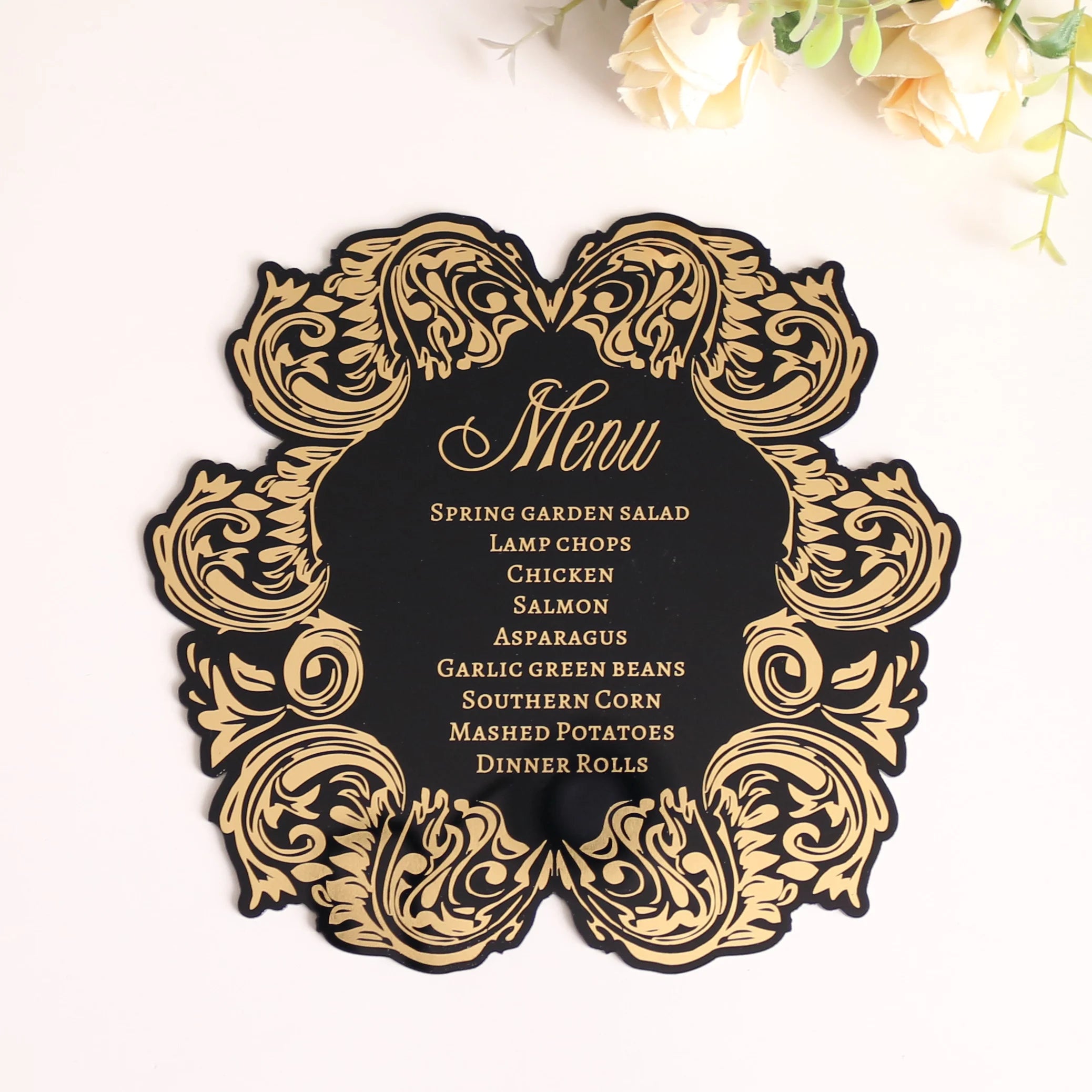 Fancy Black Mirror Acrylic Invitations Thank You Business Cards Floral Pattern Menu Card
