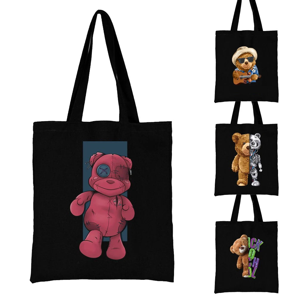 Qetesh Teddy Bear Reusable Shopping Bag Wholesale Custom Printing Simple Cotton Canvas Shoulder Tote Bags for Daily Life