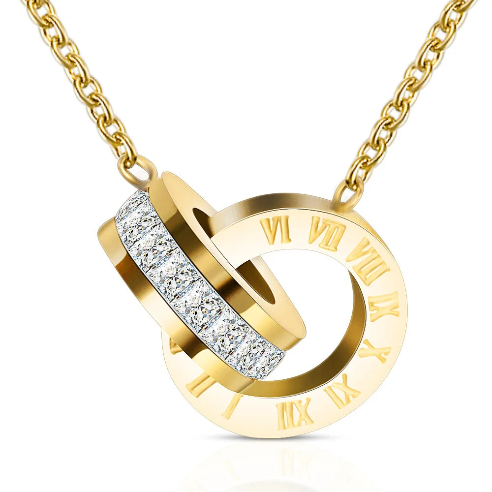 Luxury Zircon Gold Silver Rose Plated Titanium Stainless Steel Double Circle Ring Pendant Woman Roman Numerals Necklace Jewelry