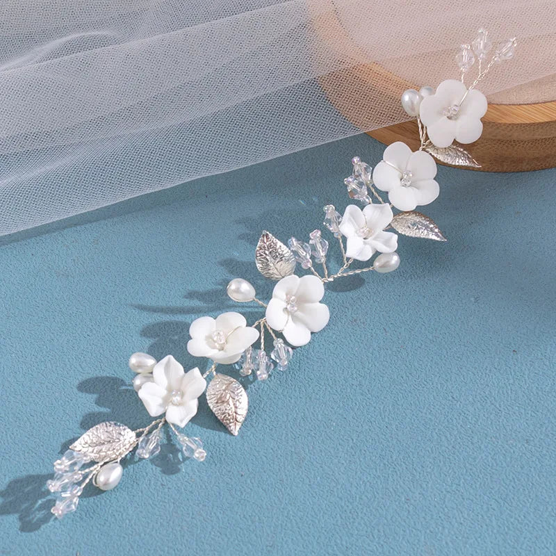 Wholesale Handmade Weave Bride Alloy Leaf Shining Fancy Crystal Pearl Hair Bands